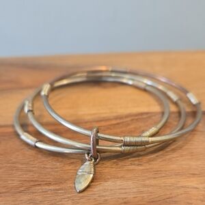 Gold/Bronze 3 Bangle Bracelets with Leaf Charm